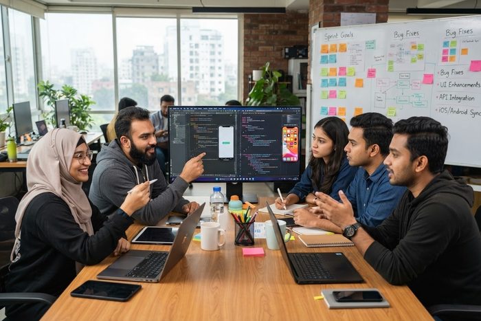 Fountain team members planning a sprint together around a shared screen